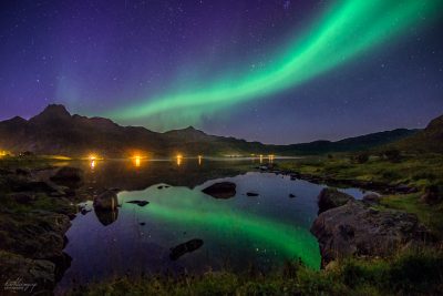 Reflections of the Northern lights above Flakstad